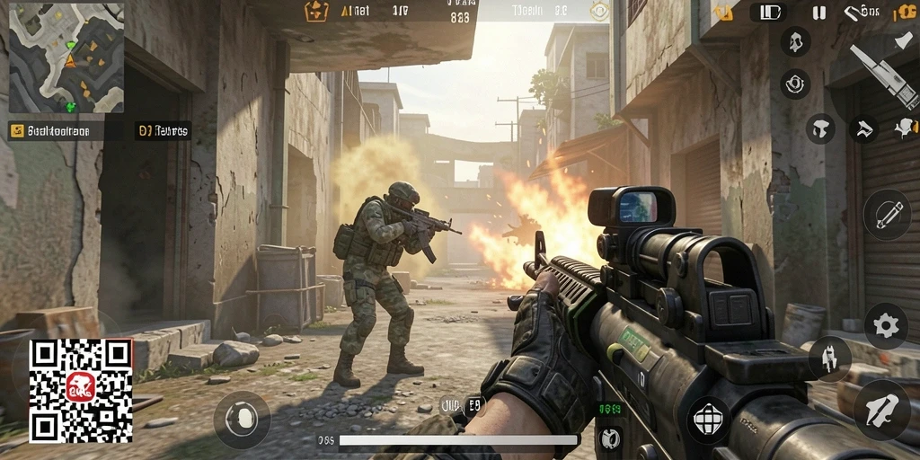 Screenshot menampilkan aksi intens dalam gameplay FPS 8QR.