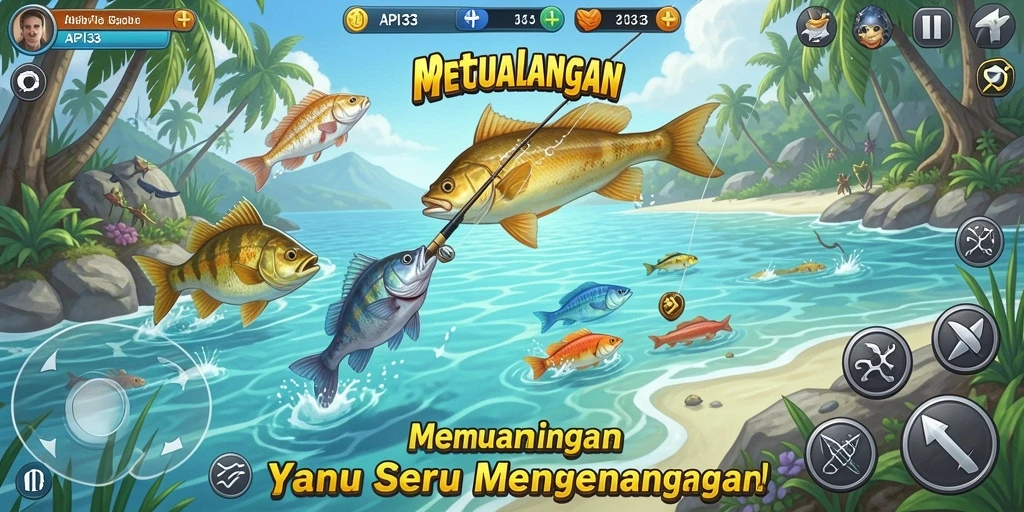 Screenshot dari gameplay API33 yang menunjukkan aksi memancing yang mendebarkan.