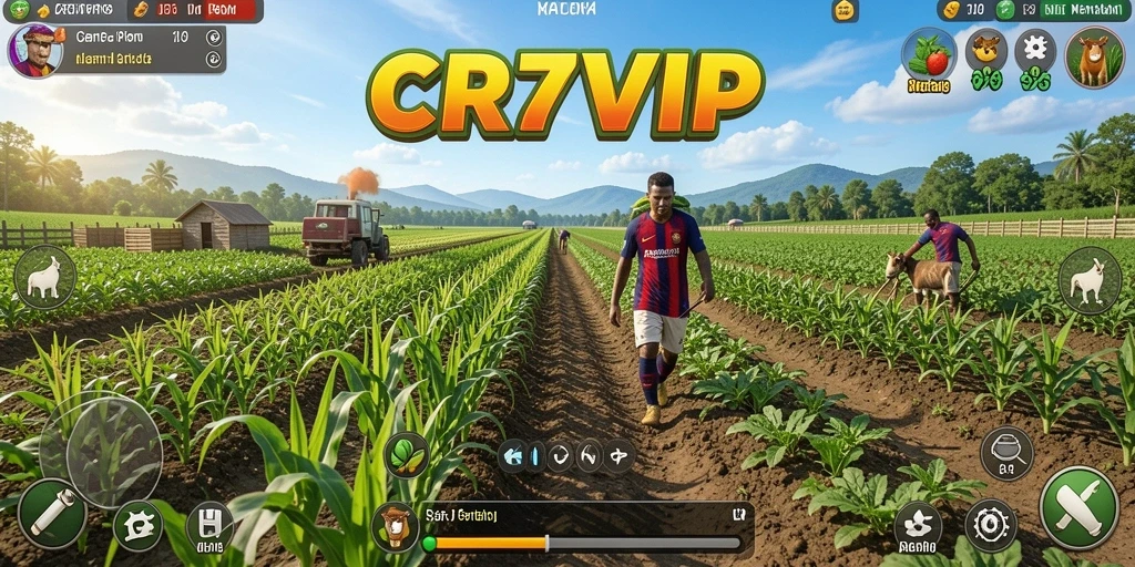 Screenshot gameplay CR7VIP yang menunjukkan kebun yang subur dan hewan ternak.