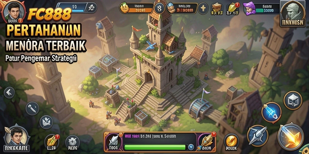 Screenshot FC888 menampilkan aksi menara pertahanan yang intens.