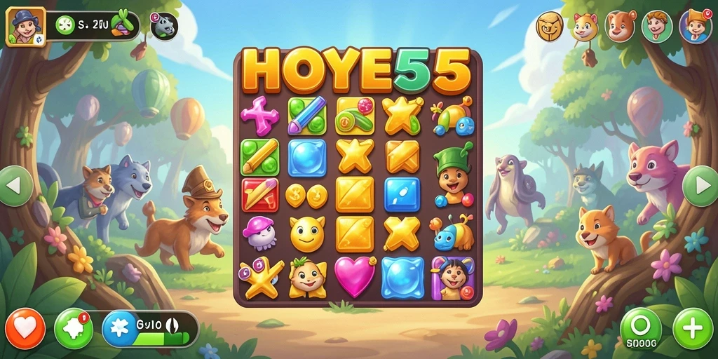 Gameplay seru HOYE55 dengan level Match-3 menarik.