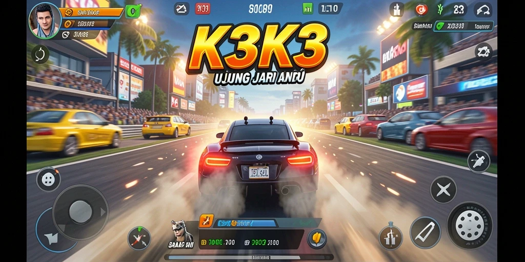 Screenshot gameplay K3K3 menunjukkan balapan mendebarkan di trek berliku.