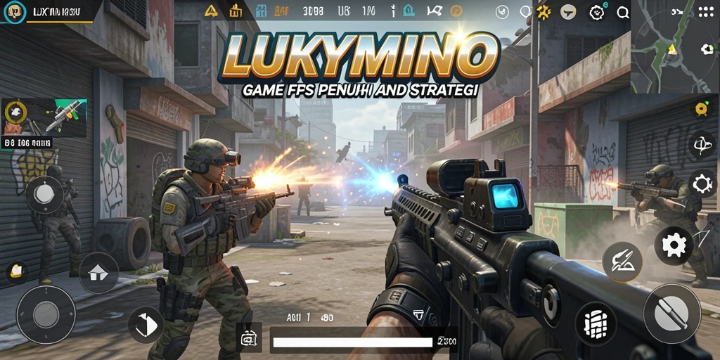 Tangkapan layar utama gameplay LUKYMINO menunjukkan aksi menembak yang intens.