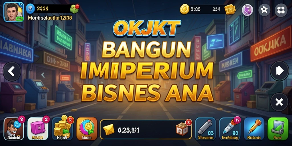 Tampilan gameplay seru di OKJKT saat membangun kerajaan bisnis.