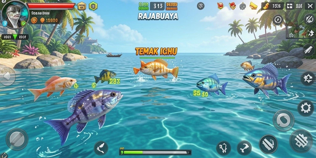 Screenshot permainan RAJABUAYA menampilkan aksi menembak ikan yang seru dan grafis menawan.