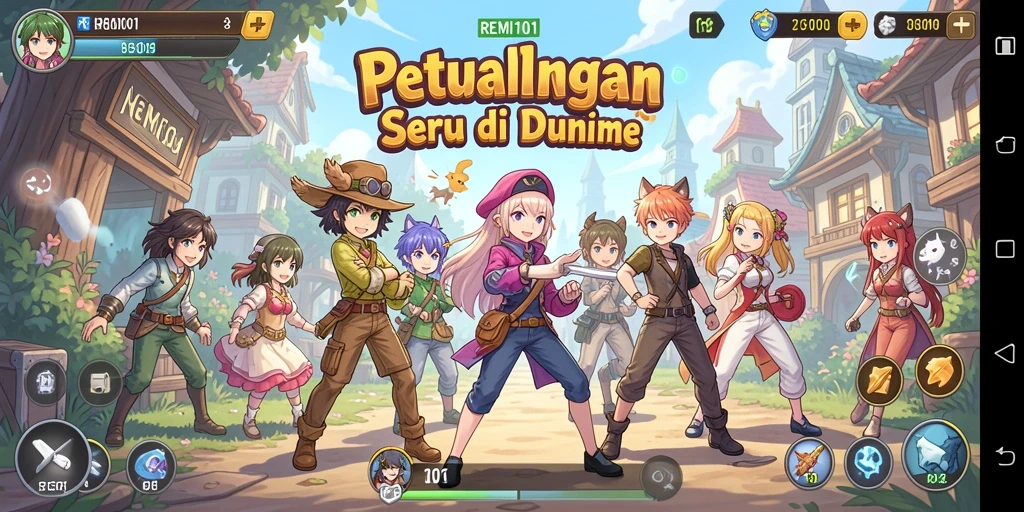 Screenshot utama REMI101 menampilkan aksi seru para karakter dalam dunia Anime.