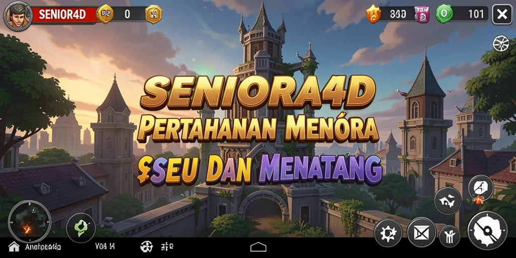 Screenshot gameplay <strong>SENIOR4D</strong> menampilkan menara bertahan melawan gelombang musuh.